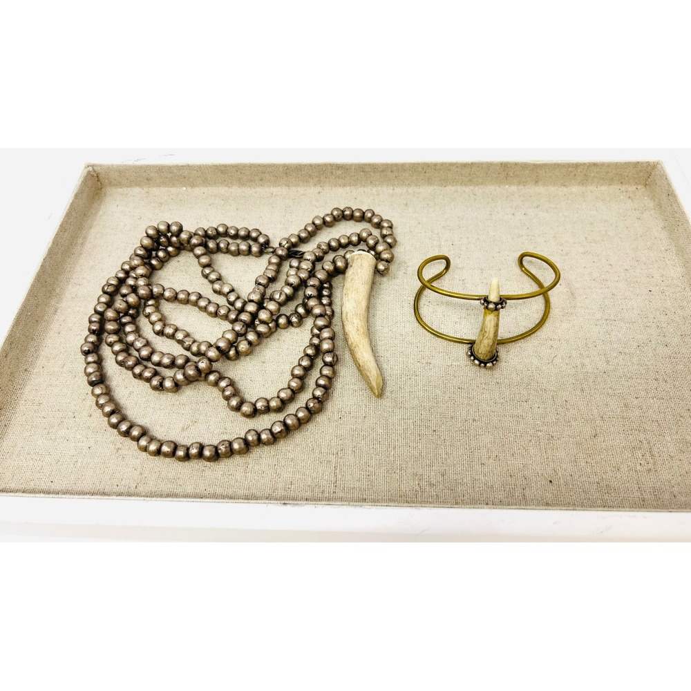 Multi Strand Boho Southwestern Antler Beaded Necklace & Brass Cuff Bracelet